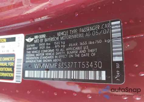 2007 Mini Cooper из США, поврежденный, VIN WMWMF33537TT53430